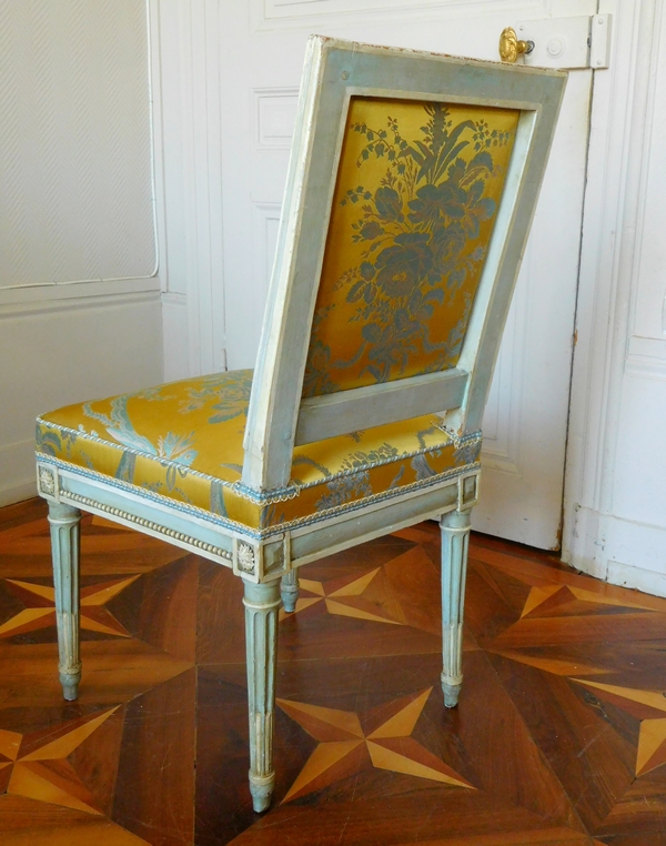 Pluvinet : mobilier de salon 4 pièces d'époque Louis XVI, damas de soie jaune - estampillé